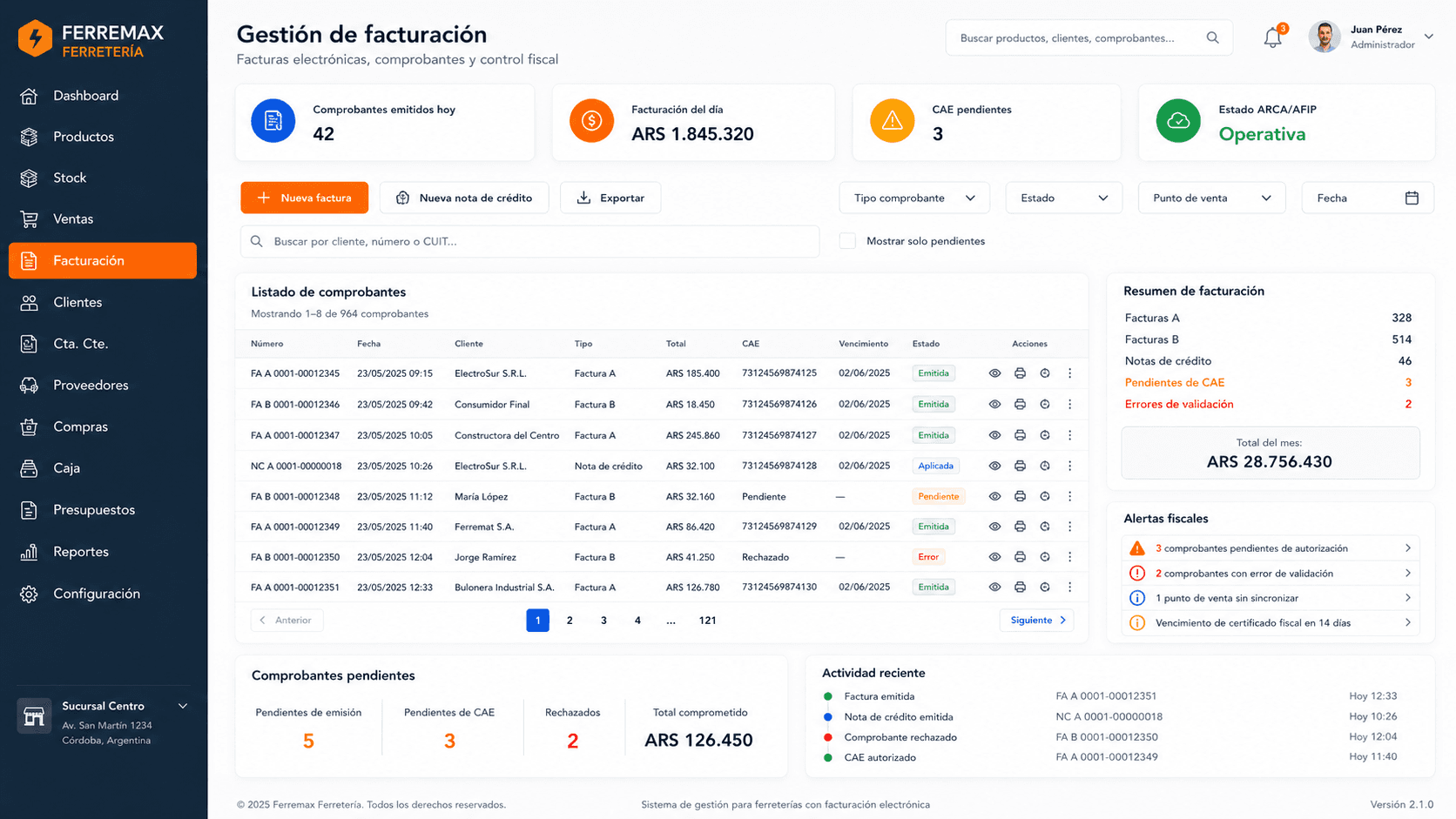 Pantalla de facturación electrónica de Ferremax con comprobantes, CAE, estados fiscales y validaciones.