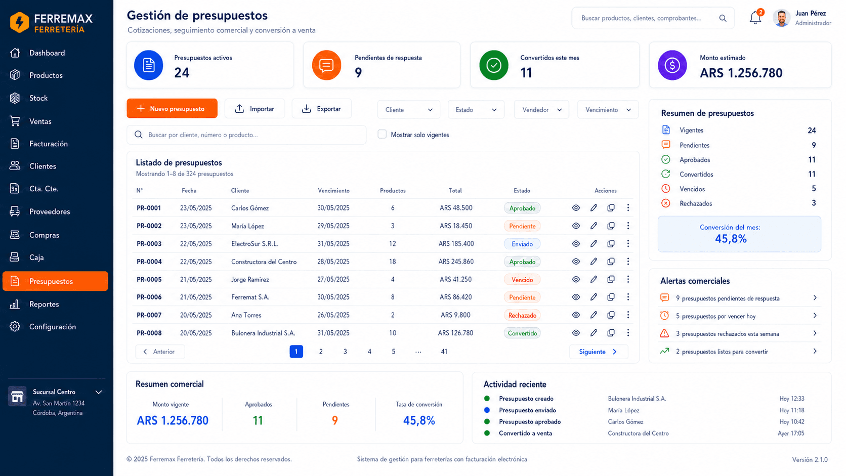 Pantalla de presupuestos de Ferremax con cotizaciones, clientes, estados, vencimientos y conversión a venta.