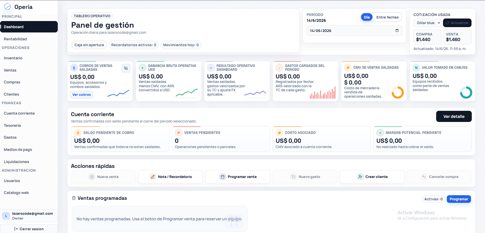 Dashboard de Operia con panel de gestión, cotización, métricas de cobros, ganancia, gastos, cuenta corriente y acciones rápidas.