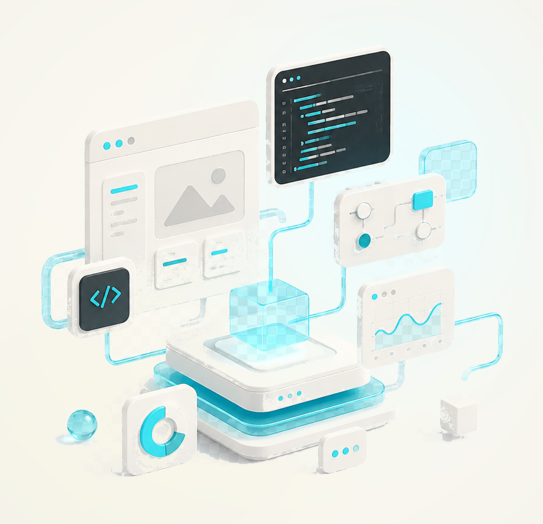 Ilustración 3D de una plataforma web con paneles de código, diseño y analítica conectados